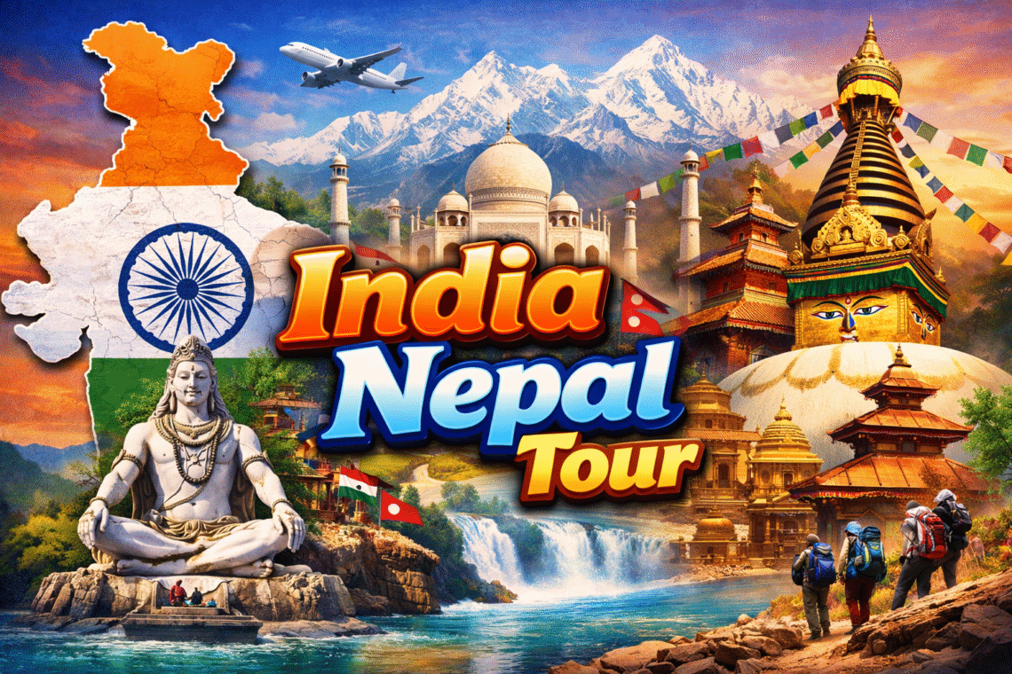 Traveler enjoying spiritual temple and scenic mountain view in South Asia