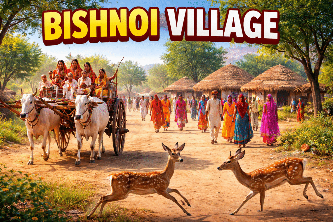 Bishnoi Village Safari showing blackbuck deer and local artisans crafting traditional Rajasthani handicrafts in a rural village setting.