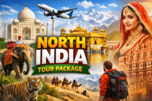 Travelers exploring historic forts, temples, and scenic landscapes on a North India tour