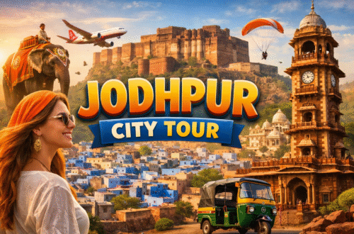 Jodhpur sightseeing tour showing Mehrangarh Fort and the Blue City houses of Jodhpur Rajasthan.