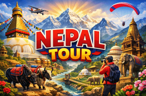 Beautiful Nepal landscape with Himalayan mountains, temples, and lakes during a scenic tour. 🌄🏔️