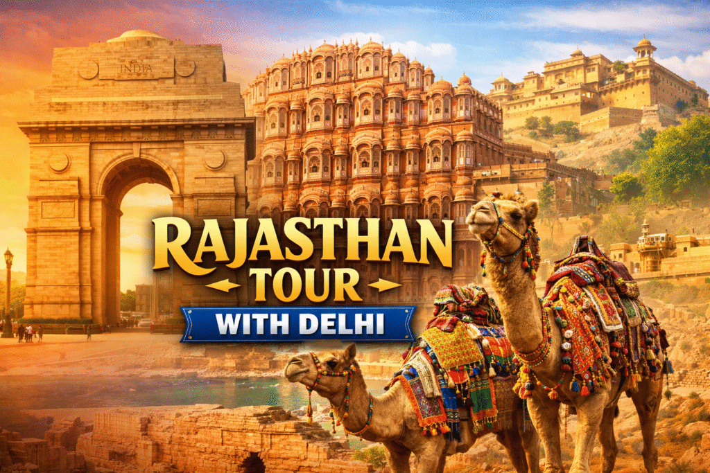 Scenic journey from Delhi to Rajasthan with forts and desert views