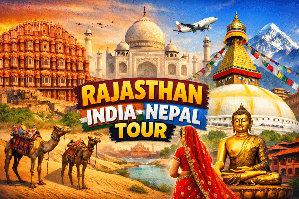 Travel route from Rajasthan India to Nepal with mountains, temples, and cultural landmarks.