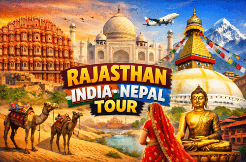 Travel route from Rajasthan India to Nepal with mountains, temples, and cultural landmarks.