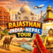 Travel route from Rajasthan India to Nepal with mountains, temples, and cultural landmarks.