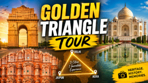 Tourists exploring Delhi, Agra, and Jaipur landmarks on a Golden Triangle Tour in India