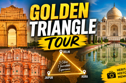 Tourists exploring Delhi, Agra, and Jaipur landmarks on a Golden Triangle Tour in India