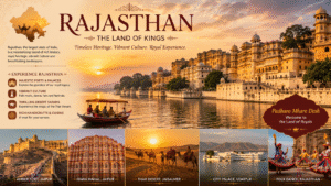 Complete Rajasthan tour guide showcasing Jaipur, Udaipur, Jodhpur, Jaisalmer, forts, palaces, lakes, and desert landscapes.