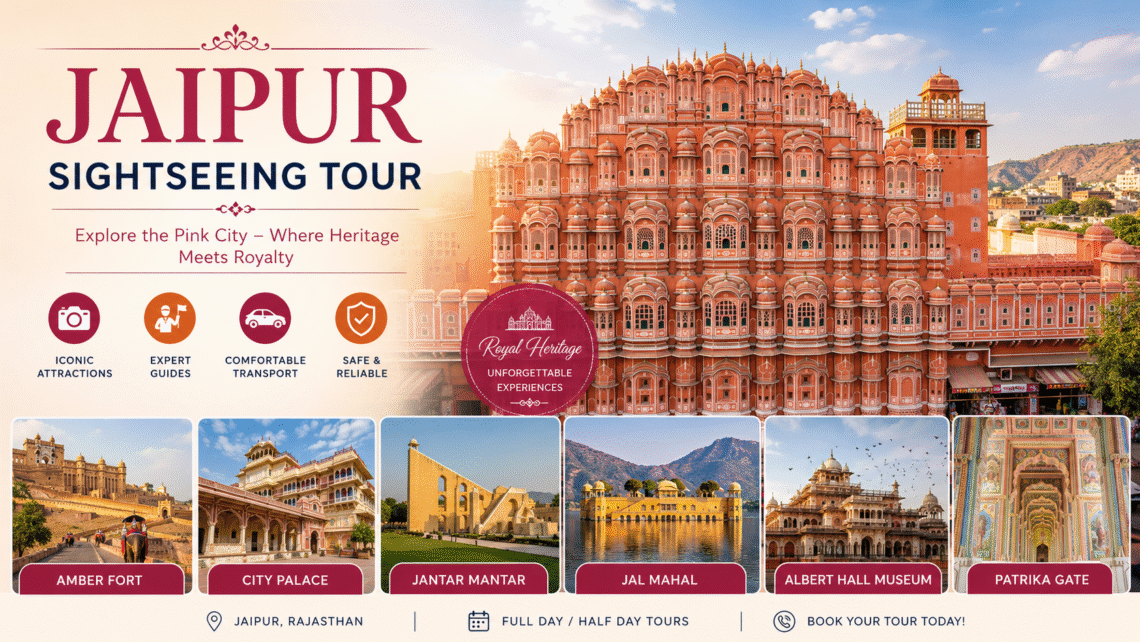 Jaipur city sightseeing view featuring Hawa Mahal, historic forts, colorful streets, and cultural attractions in the Pink City.