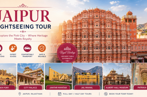 Jaipur city sightseeing view featuring Hawa Mahal, historic forts, colorful streets, and cultural attractions in the Pink City.