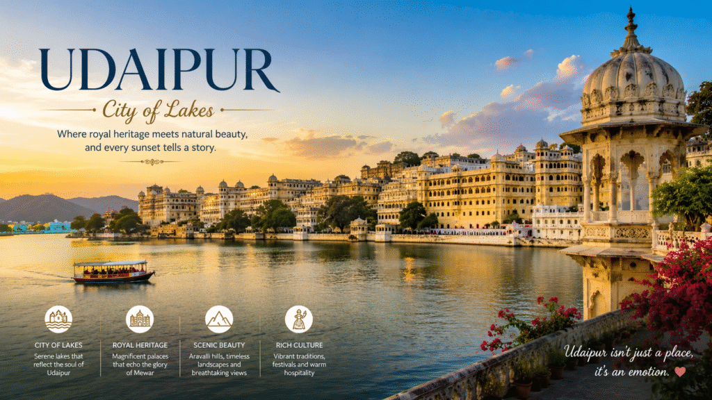 Family enjoying a sightseeing trip at Udaipur lakes and palaces in Rajasthan, India.