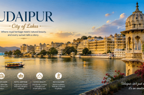 Family enjoying a sightseeing trip at Udaipur lakes and palaces in Rajasthan, India.