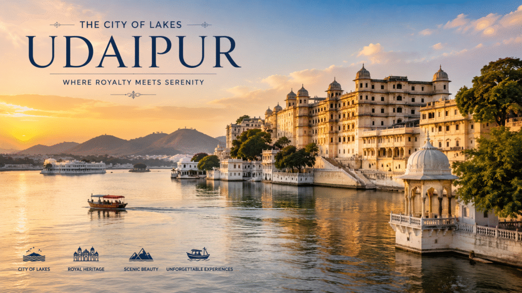 View of Udaipur's famous tourist attractions including City Palace, Lake Pichola, and historic landmarks surrounded by scenic beauty.