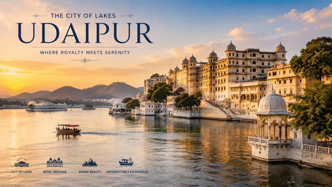 View of Udaipur's famous tourist attractions including City Palace, Lake Pichola, and historic landmarks surrounded by scenic beauty.