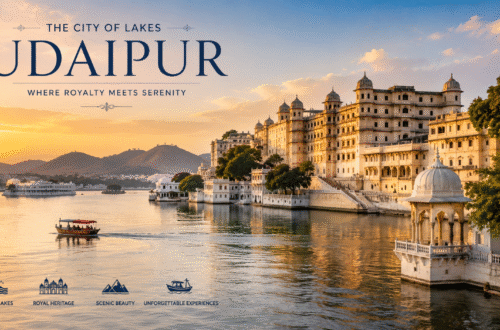 View of Udaipur's famous tourist attractions including City Palace, Lake Pichola, and historic landmarks surrounded by scenic beauty.
